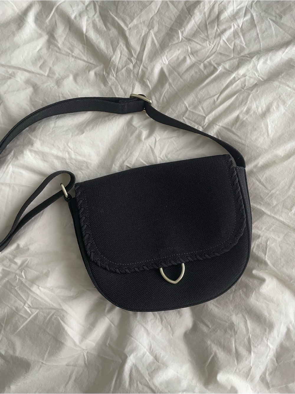 Rothy's Black Saddle Crossbody with D-Ring Accent